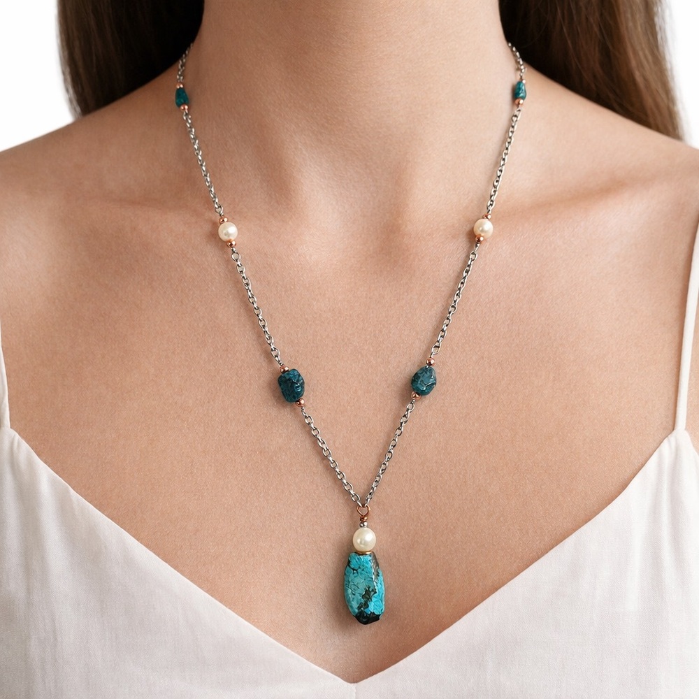 Turquoise and Pearl Mixed Metal Artisan Layering Necklace Handcrafted